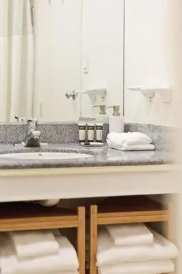 a bathroom counter with a sink and a mirror at Stamford Suites in Stamford