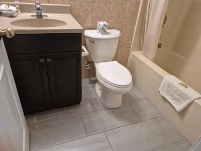 a bathroom with a toilet and a sink and a tub at Maple leaf motel in New Milford