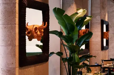a mirror on a wall next to a plant at Radio Hotel in New York