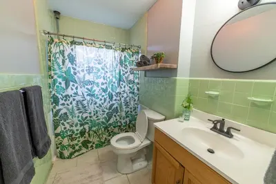 a bathroom with a sink and a toilet and a shower at The Springs Motel in New Ashford