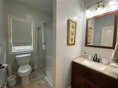 a bathroom with a shower and a toilet and a sink at 9 Bedroom Saratoga Retreat, In-Ground Heated Pool, HotTub, Firepit, Gourmet Kitchen, Private Office in Saratoga Springs