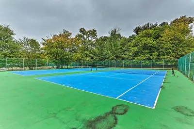 a tennis court with a blue tennis court at 4 Mi to Tobyhanna State Park Home with Fire Pit in Tobyhanna