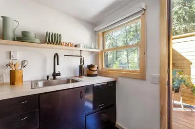 a kitchen with a sink and a window at The Herwood Inn in Woodstock