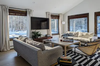 a living room with two couches and a tv at Acorn Lodge - Luxury Cabin, Catskills, Windham Mountain, Hunter Mountain in Cairo