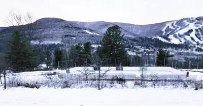 a snow covered field with trees and mountains in the background at SPECTACULAR CATSKILLS 4 BEDROOM VACATION OASIS- Gorgeous Hunter Mountain Views! in Hunter