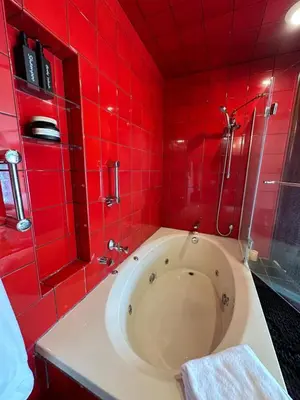 a red tiled bathroom with a tub and a shower at SPECTACULAR CATSKILLS 4 BEDROOM VACATION OASIS- Gorgeous Hunter Mountain Views! in Hunter
