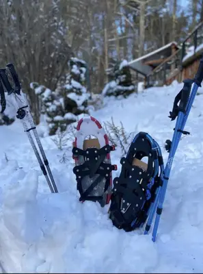 a pair of skis and ski poles in the snow at 2 Lake Cabins Poolhottub Game Room & Courts in Highland Lake