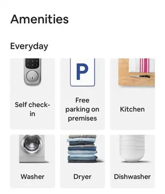 a screenshot of the different types of appliances at Casa Soleada in East Rock near DT and Yale SOM with FREE Parking and King Bed in New Haven