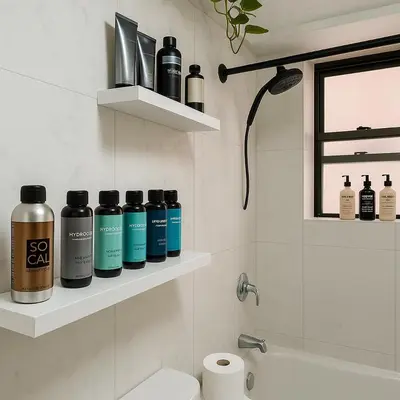 a bathroom with bottles on shelves above a toilet at Lemon Vibes room in Guesthouse in New York