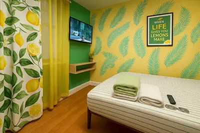 a room with a bed and a wall with oranges at Lemon Vibes room in Guesthouse in New York