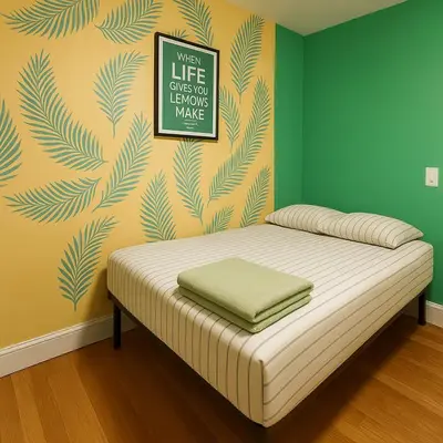 a bed in a room with a green wall at Lemon Vibes room in Guesthouse in New York