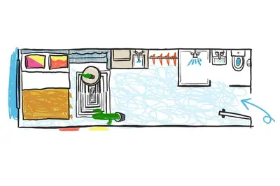 a floor plan of a room with a bed at Penny Williamsburg in Brooklyn