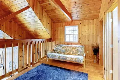 a living room with a couch in a wooden house at Swaying Pines in Wilmington