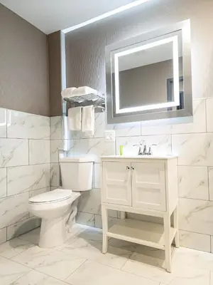 a bathroom with a toilet and a sink and a mirror at Wheeler Hotel in Bronx