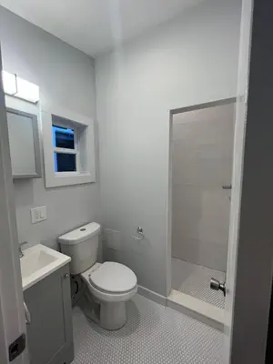 a white bathroom with a toilet and a shower at Beautiful Charming Cottage 4 min from Woodstock in Woodstock