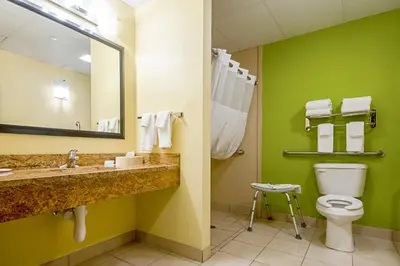 a bathroom with a toilet and a sink and a mirror at Quality Inn & Suites Glenmont - Albany South in Glenmont