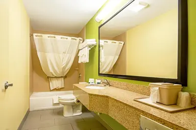 a bathroom with a sink and a toilet and a mirror at Quality Inn & Suites Glenmont - Albany South in Glenmont
