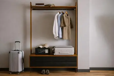 a wardrobe with a suitcase and a suitcase at Dutch Hotel Long Island City New York , Belvilla District 6 Formerly Sonder in Long Island City