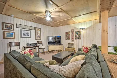 a living room with a couch and a tv at Game Room and Hot Tub Pet-Friendly Mount Snow Gem in Dover