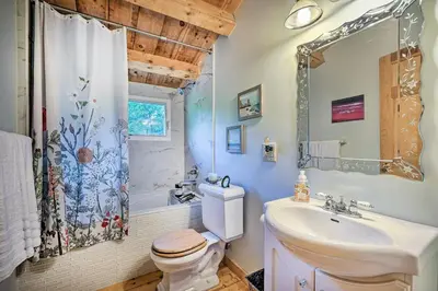 a bathroom with a toilet and a sink and a shower at Game Room and Hot Tub Pet-Friendly Mount Snow Gem in Dover