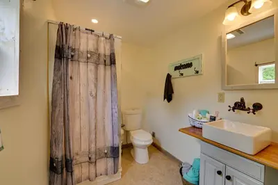 a bathroom with a shower curtain and a toilet at Quiet Country Escape Fire Pit, Fish On-Site! in Leonardsville