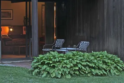 two chairs and a table on a porch with a bush at The Cottage in Stockbridge