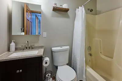 a bathroom with a toilet and a sink and a shower at Spacious Catskills Serenity nearby Delaware River Gap w Game Rm Pet Friendly and Fenced Yard in Glen Spey