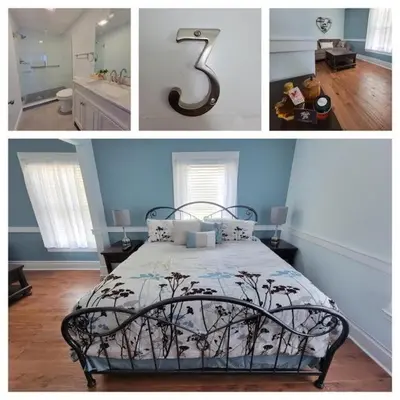 a collage of pictures of a bedroom with a bed at The Hidden Inn in South Kortright