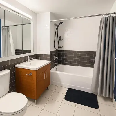 a bathroom with a tub and a toilet and a sink at Studio apart Time Square in New York