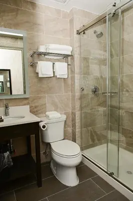 a bathroom with a toilet and a shower and a sink at Days Inn by Wyndham Bronx NYC in Bronx