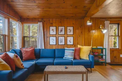 a blue couch in a living room with wooden walls at Camp Hudson Pines in Corinth