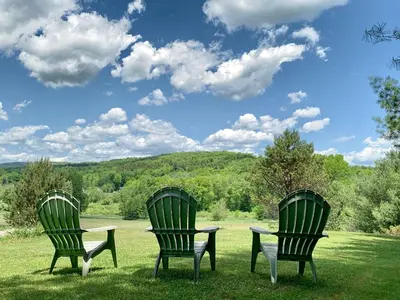 two green chairs sitting in the grass in a field at Hotel Vienna in Windham