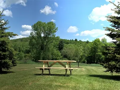 a picnic table in the middle of a field at Hotel Vienna in Windham