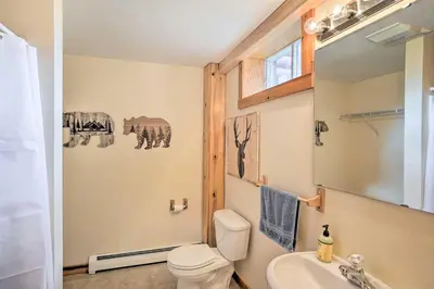 a bathroom with a toilet and a sink at Grand Windham Retreat with Fire Pit and Game Room in Windham