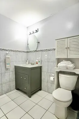 a bathroom with a toilet and a sink and a mirror at Urban Oasis Spacious 3BR 2BA Patio Near NYC EWR American Dream Mall in Newark