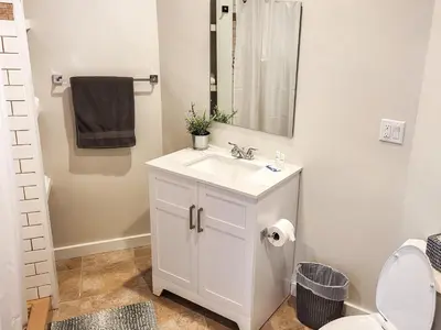 a bathroom with a white sink and a mirror at Beautiful Wooster Sq. getaway - great neighborhood in New Haven
