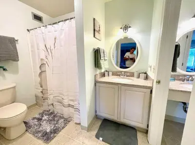 a bathroom with a toilet and a sink and a mirror at Gorgeous New Zen Suite Sleeps 4-Ski On Off Jiminy in Hancock