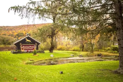 a building in the middle of a field with a tree at Spacious 3BR 3BA Sleeps 8 Ski On Off Jiminy Mountain Resort in Hancock
