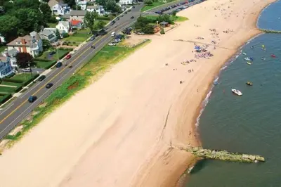 an aerial view of a beach and a highway at Beachy Bay Breeze Bungalow 2BR with parking and close to many amenities. in West Haven