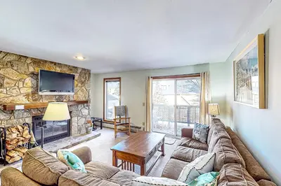a living room with a couch and a fireplace at All Season Mountain Retreat in Dover
