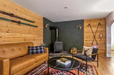 a living room with a couch and a stove at Woodpecker House - Mountain retreat with hot tub - 10 min to skiing in Hunter & Windham in Jewett