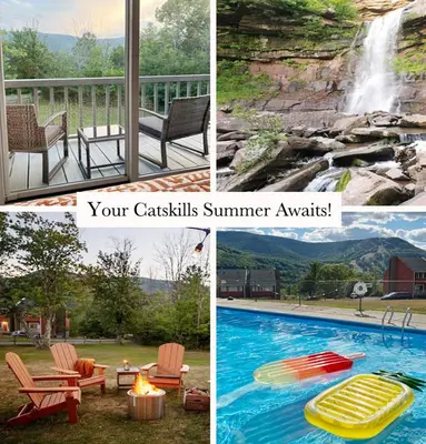 a collage of four pictures of a swimming pool at 1 Mile to Hunter Mt! Cozy 3 Bedroom in Hunter