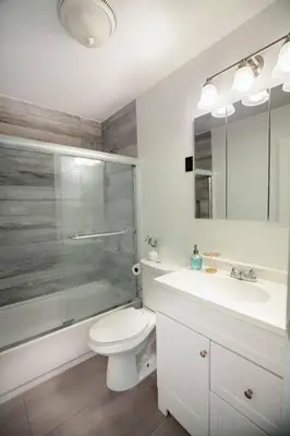 a bathroom with a shower and a toilet and a sink at 1 Mile to Hunter Mt! Cozy 3 Bedroom in Hunter