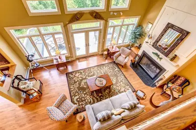 an overhead view of a living room with a fireplace at Bovina Mountain High in Bovina Center