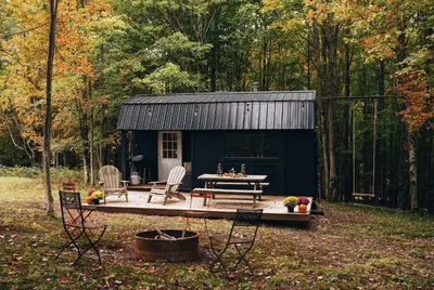 a blue cabin in the woods with a table and chairs at Mountain Brook Cabin in Bovina Center
