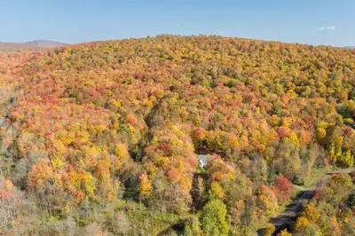 an aerial view of a forest of colorful trees at The Heatherwood in Bovina Center
