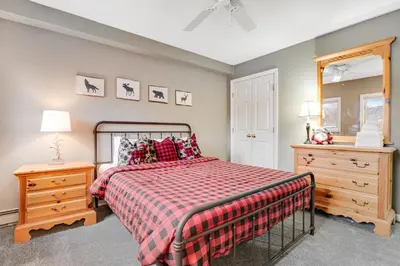 a bedroom with a bed and a dresser and a mirror at Skiing Haven in Dover