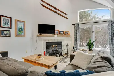 a living room with a couch and a fireplace at Skiing Haven in Dover