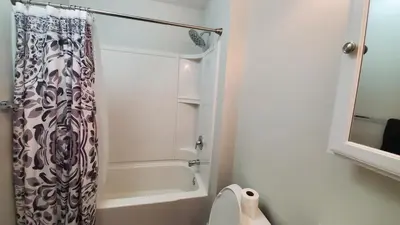 a bathroom with a shower curtain and a bath tub at Room for rent in apartment Hartford, CT in Hartford