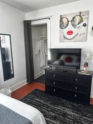 a bedroom with a bed and a dresser with a mirror at Modern Chic CoCo Chanel Inspired * Biz Friendly * Close To All in Hicksville